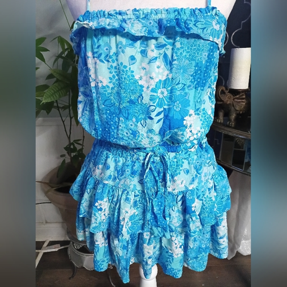 Blue Floral Ruffle Dress Rompers - Picture 4 of 14